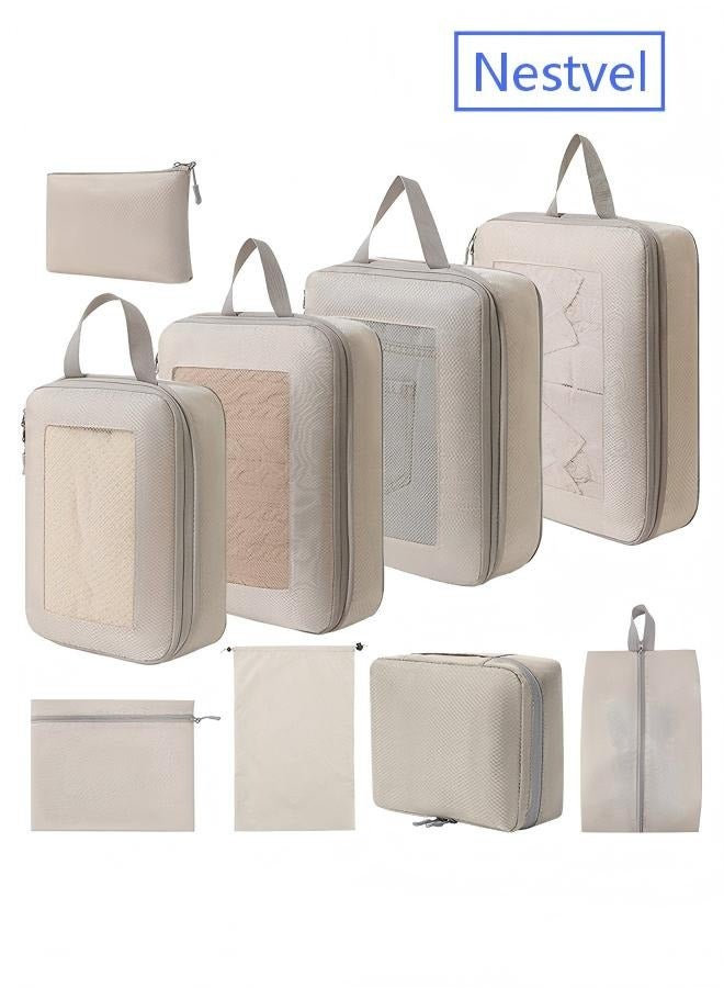Nestvel 9 Set Compression Packing Cubes for Travel,Lightweight Vacation Travel Essentials，Travel Accessories for Suitcase Organizer Bags Set ， Compressible Expandable Travel Packing Organizer with Double Zipper, Travel Essentials for Carry on Luggage，Durable Luggage Organizer Travel Bags，Beige - Image 1